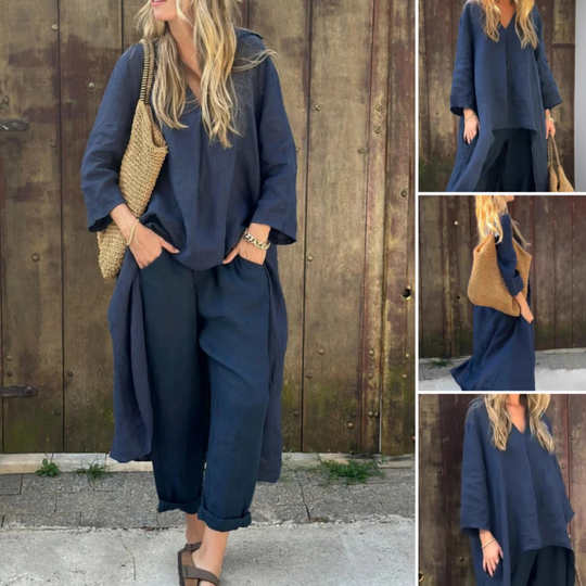 Women's Summer Loose Pocket V-Neck 2-Piece Set