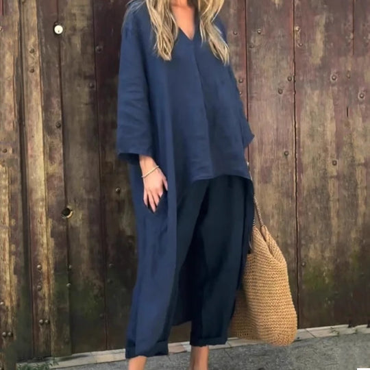 Women's Summer Loose Pocket V-Neck 2-Piece Set