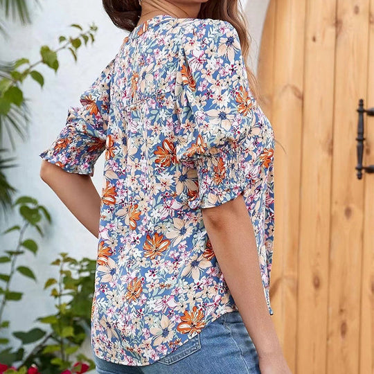 💥Sonderpreis dieser Woche 12,99 £🎁☀️🌺Bluse mit Blumenmuster und Puffärmeln und V-Ausschnitt für Damen
