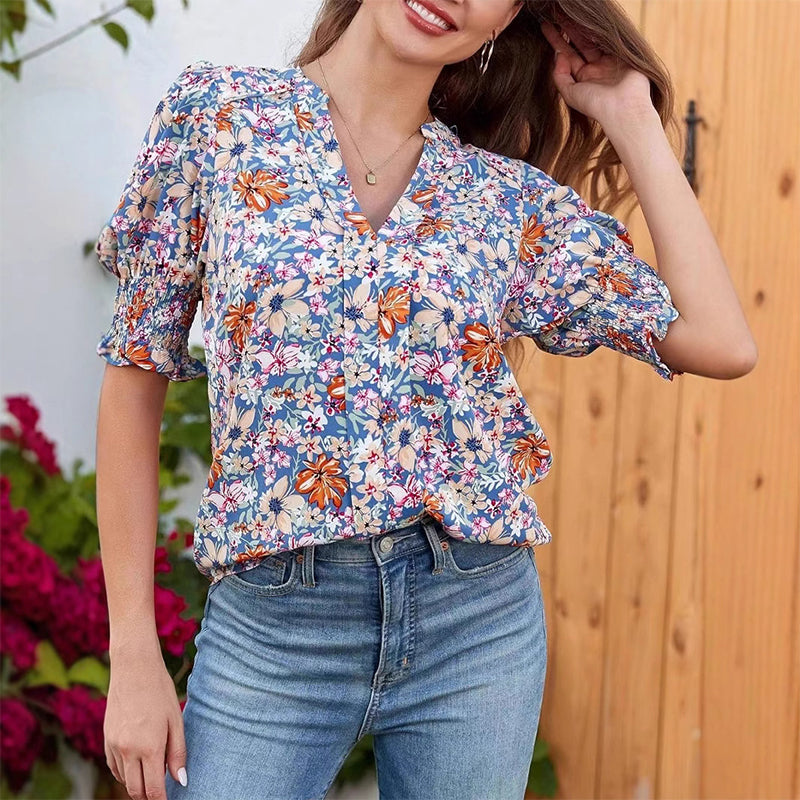 💥Sonderpreis dieser Woche 12,99 £🎁☀️🌺Bluse mit Blumenmuster und Puffärmeln und V-Ausschnitt für Damen