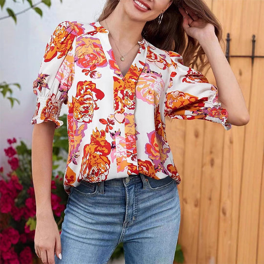 💥Sonderpreis dieser Woche 12,99 £🎁☀️🌺Bluse mit Blumenmuster und Puffärmeln und V-Ausschnitt für Damen