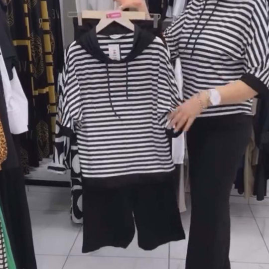 💕Venta limitada 50% de descuento💕Conjunto de top de rayas y pantalón liso para mujer