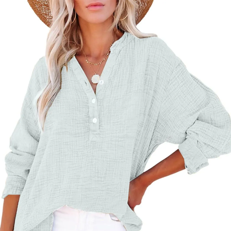 🏆🏆🔥Last Day Sale 50%🔥🌸🌸Women’s Casual Gauze Button Neck Long Sleeve Blouse