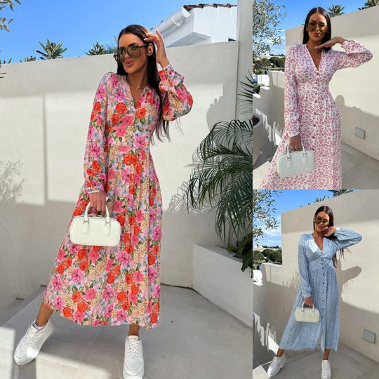 🌴Sommerangebote🌴Modische Kleider mit V-Ausschnitt, Knöpfen, langen Ärmeln und Blumenmuster