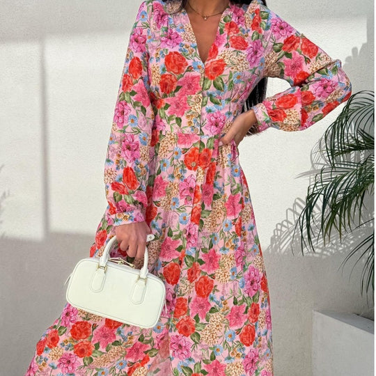🌴Sommerangebote🌴Modische Kleider mit V-Ausschnitt, Knöpfen, langen Ärmeln und Blumenmuster