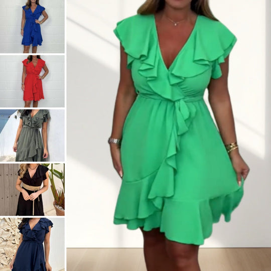 ❤️Nuovi prodotti 2025❤️Abito elegante da donna con volant e scollo a V e cintura annodata in vita
