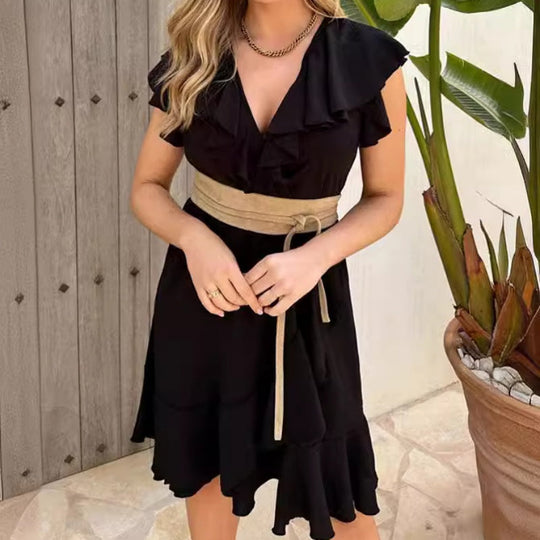 ❤️Nuovi prodotti 2025❤️Abito elegante da donna con volant e scollo a V e cintura annodata in vita