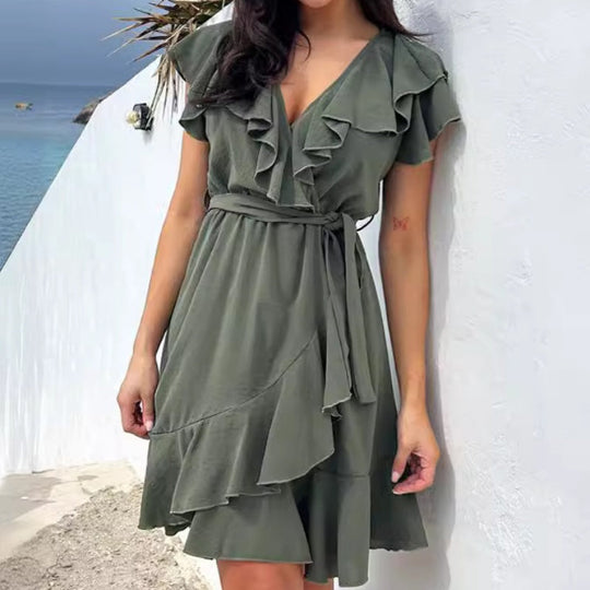 ❤️Nuovi prodotti 2025❤️Abito elegante da donna con volant e scollo a V e cintura annodata in vita