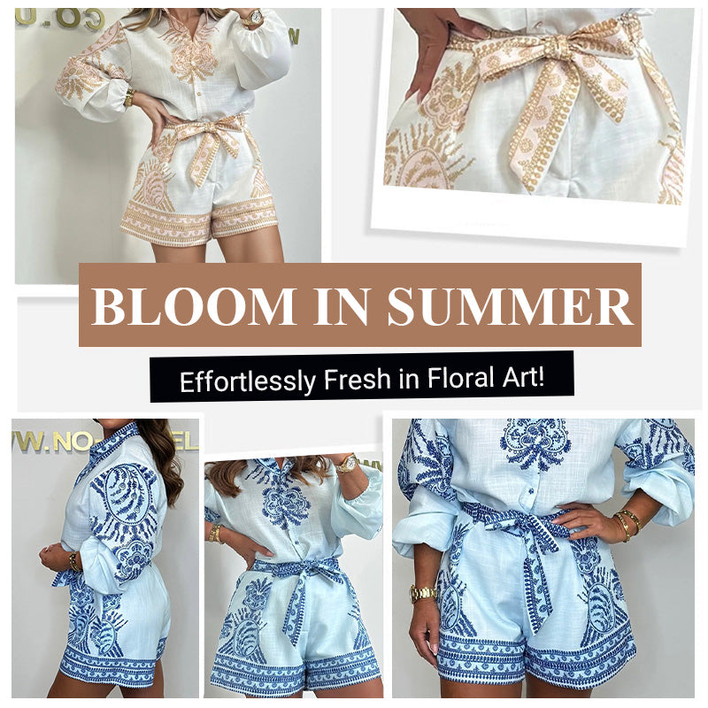 🔥NEUHEITEN, ZEITLICH BEGRENZTES ANGEBOT – 50 % RABATT💕Gemusterte Shorts mit Bindegürtel und Knopfleiste, Kombiteil