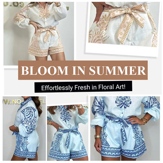 🔥NEUHEITEN, ZEITLICH BEGRENZTES ANGEBOT – 50 % RABATT💕Gemusterte Shorts mit Bindegürtel und Knopfleiste, Kombiteil