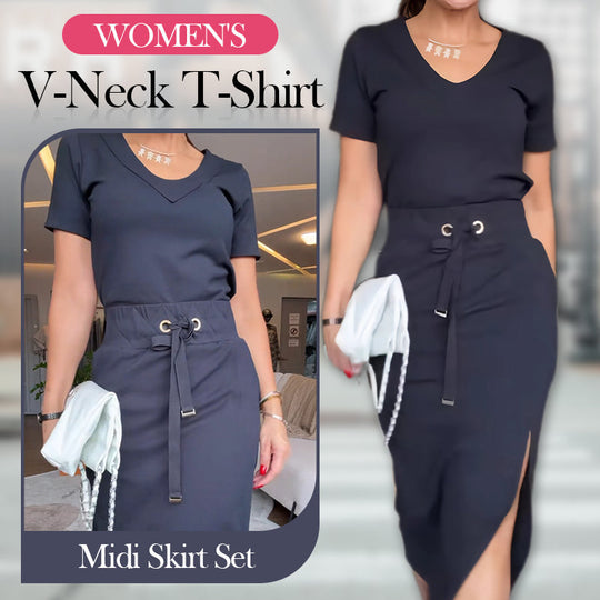 Frauen V-Ausschnitt T-Shirt & Midi Rock Set