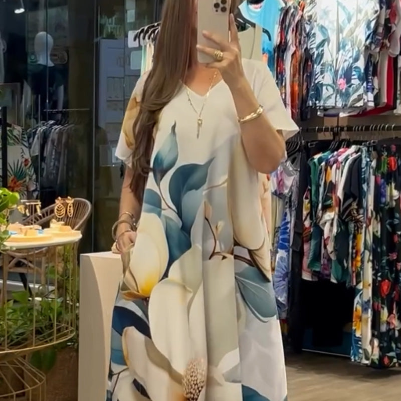 🌴Sommarerbjudanden REA 50% RABATT🌴Lösa, avslappnade klänningar med v-ringning och tryck för kvinnor