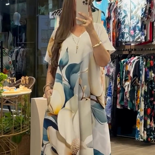 🌴Sommarerbjudanden REA 50% RABATT🌴Lösa, avslappnade klänningar med v-ringning och tryck för kvinnor