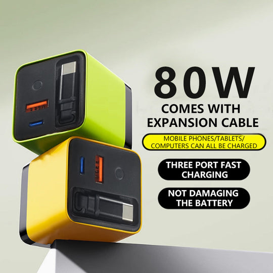 🔥Hot sale 50% RABAT🔌80W hurtigopladende telefonopladerblok med udtrækkeligt 80 cm Type-C-kabel