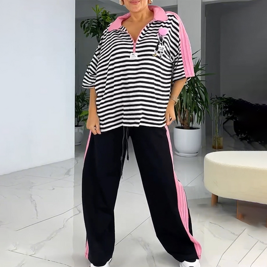 😍Completo due pezzi con top e pantaloni a righe alla moda da donna