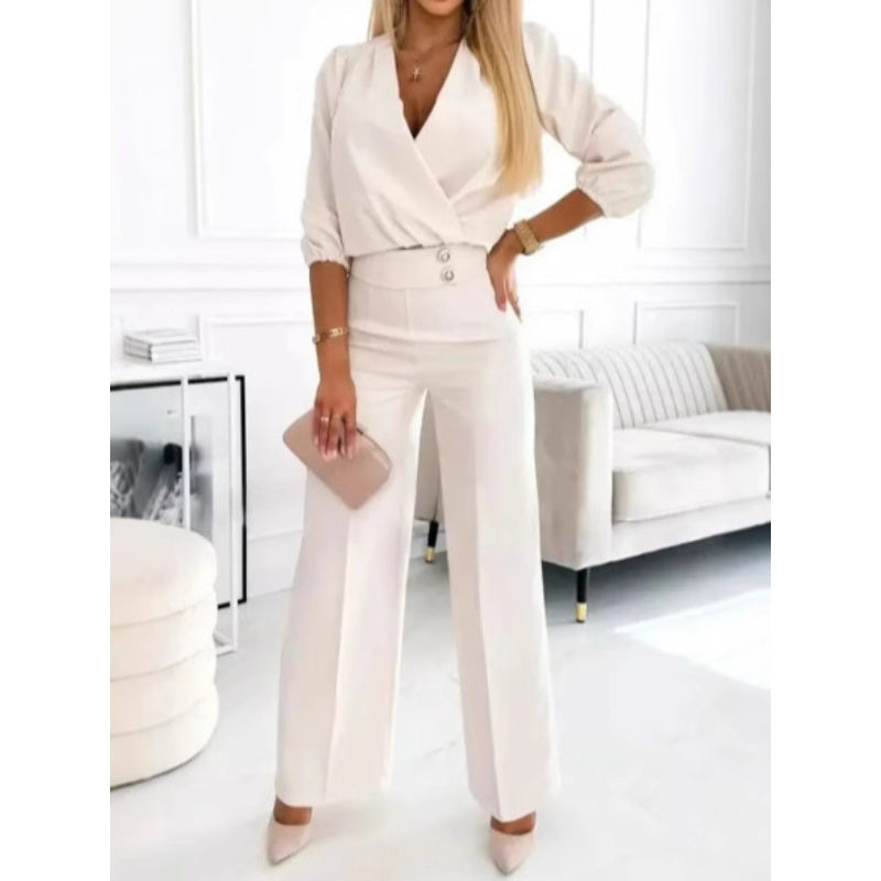🌸Ny ankomst 50% RABATT💖 Dammode V-ringad topp och byxor