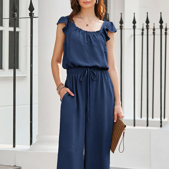 🎉Sista dagens erbjudande 50 % rabatt💃Enfärgad veckad jumpsuit med fyrkantig halsringning för kvinnor