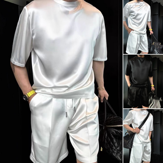 ⏳50% OFF🔥High Quality Men's Mercerized Cotton Casual Solid Color Top and Shorts Two-Piece Set【Loose fit, suitable for all occasions】