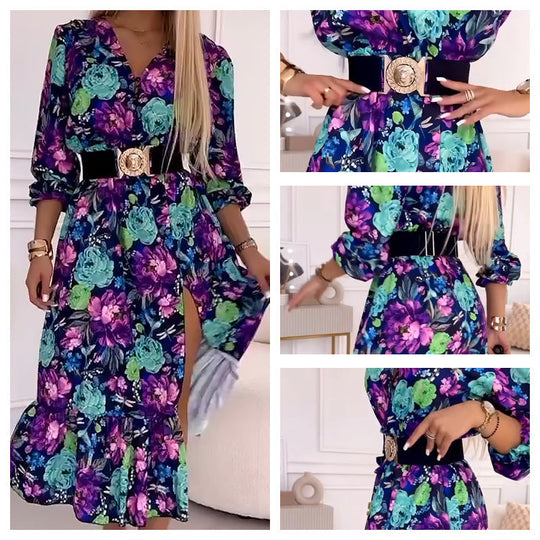 🌸Nový příjezd 💖 Dámské elegantní květinové šaty s výstřihem do V a bočním rozparkem