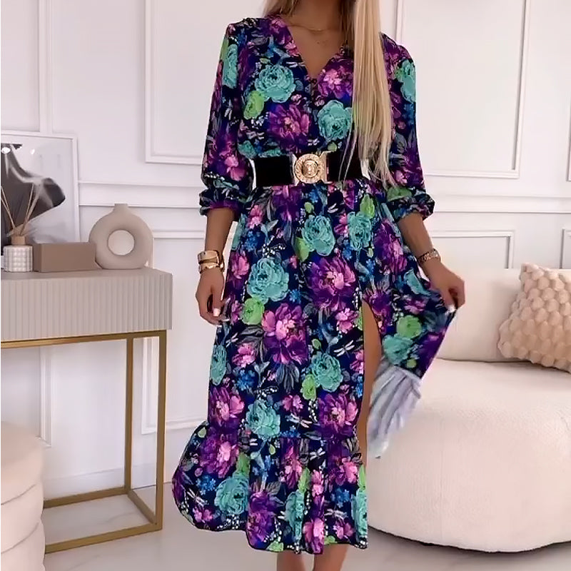 🌸Nový příjezd 💖 Dámské elegantní květinové šaty s výstřihem do V a bočním rozparkem