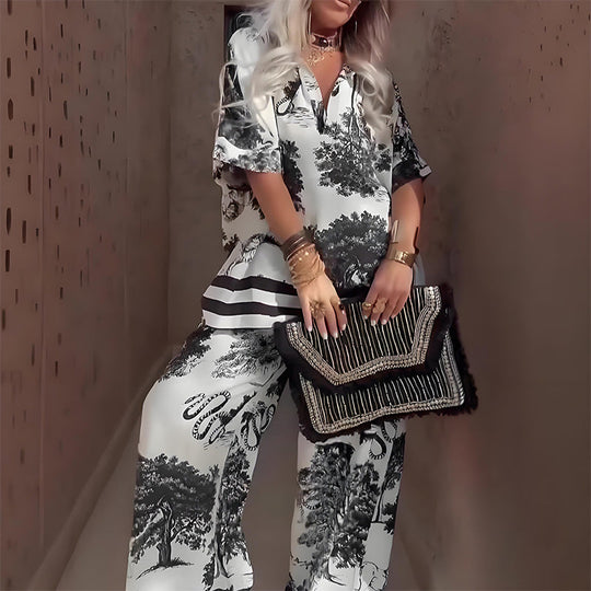 🔥🌊Summer Big Sale 50% OFF!!💃Daily needs!✅ Printed V-neck set | A set of solutions to wear, casual and fashionable, not tired of wearing every day