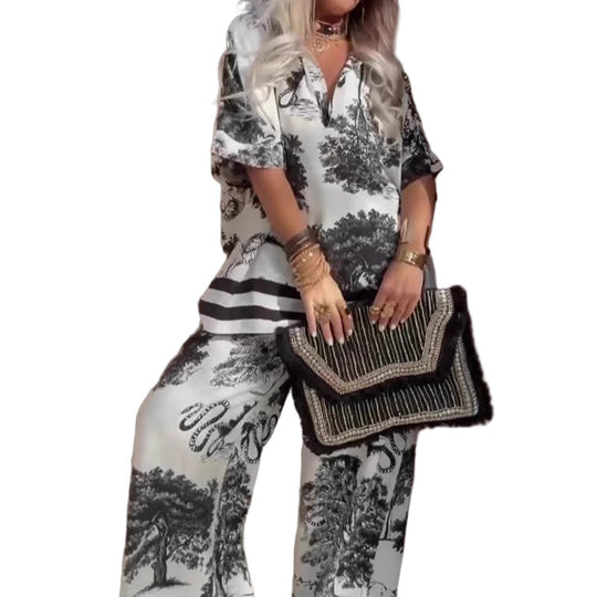 🔥🌊Summer Big Sale 50% OFF!!💃Daily needs!✅ Printed V-neck set | A set of solutions to wear, casual and fashionable, not tired of wearing every day