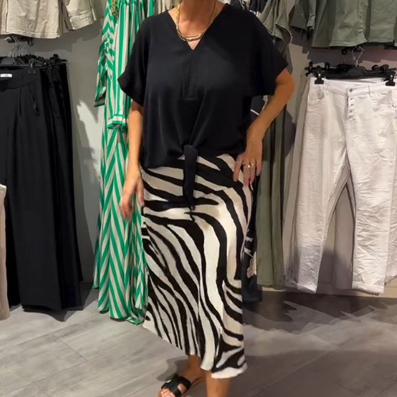 💕What should I wear tomorrow?💕Women's Knot Front Blouse & Midi Skirt Casual Set