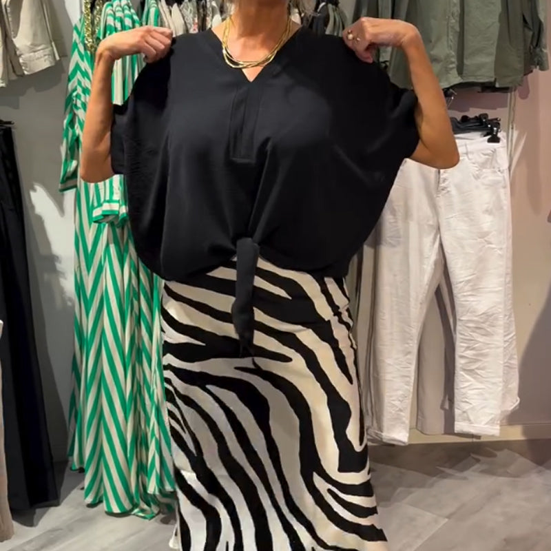 💕What should I wear tomorrow?💕Women's Knot Front Blouse & Midi Skirt Casual Set