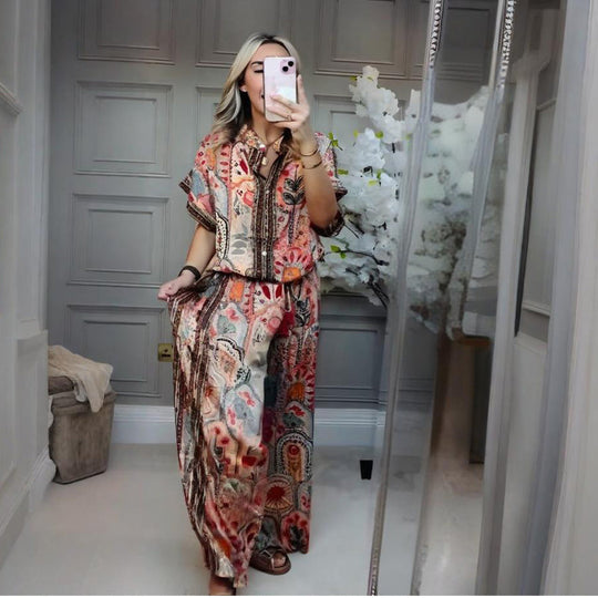 ✨ Stylish 2-Piece Co-ord: Women's Printed Top & Wide Leg Pants 2-Piece Set