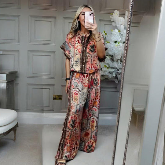✨ Stylish 2-Piece Co-ord: Women's Printed Top & Wide Leg Pants 2-Piece Set
