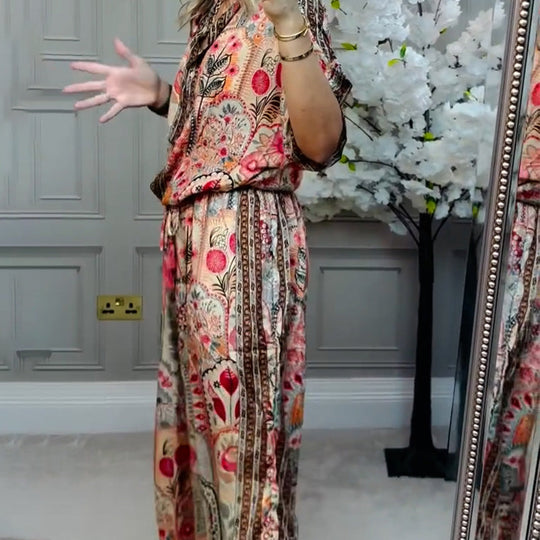 ✨ Stylish 2-Piece Co-ord: Women's Printed Top & Wide Leg Pants 2-Piece Set