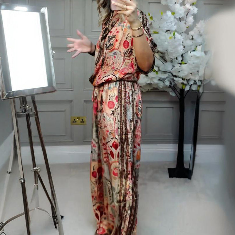 ✨ Stylish 2-Piece Co-ord: Women's Printed Top & Wide Leg Pants 2-Piece Set