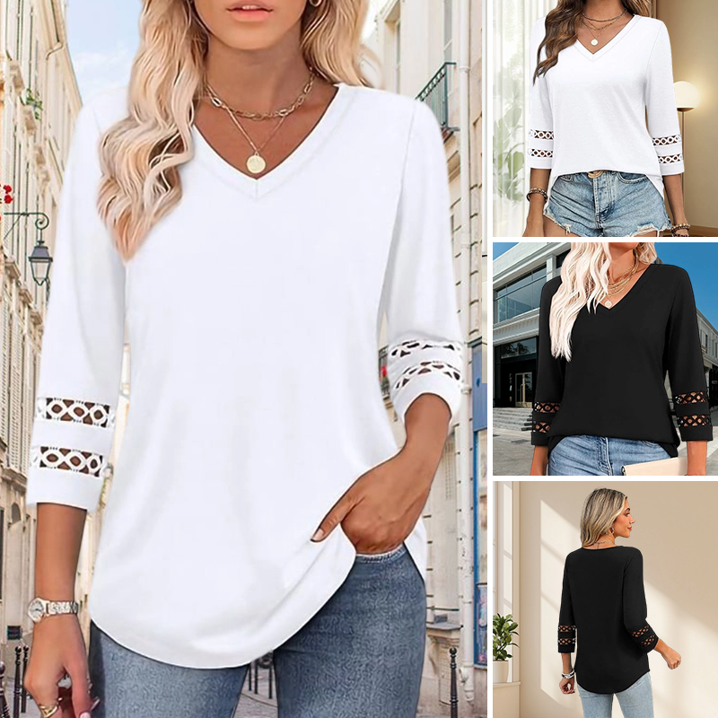 💥Sista dagens specialrea 50 % RABATT💝2025 Nya Damtoppar med 3/4-ärmar Trendiga T-shirts med V-ringning