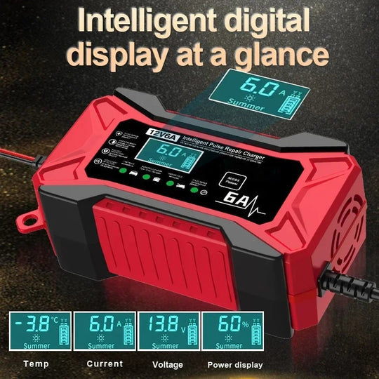 🔋⚡ SMART BATTERY CHARGER - Universal for Car & Motorcycle, Auto Voltage Detection, Overcharge Protection, LCD Display & Compact Design 🚗🏍️