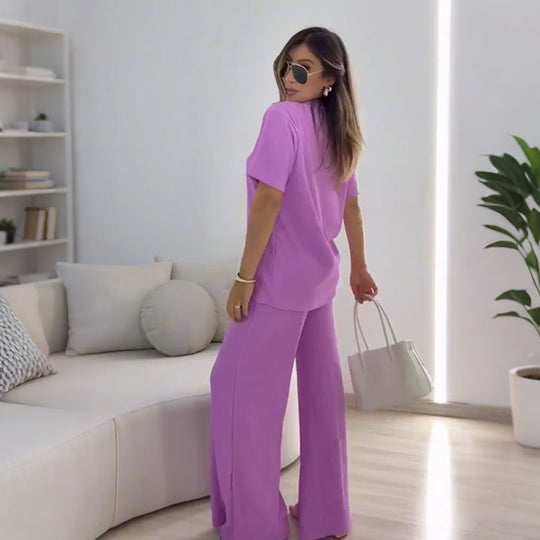 Solid Color Short Sleeve Top & Wide-Leg Pants Set