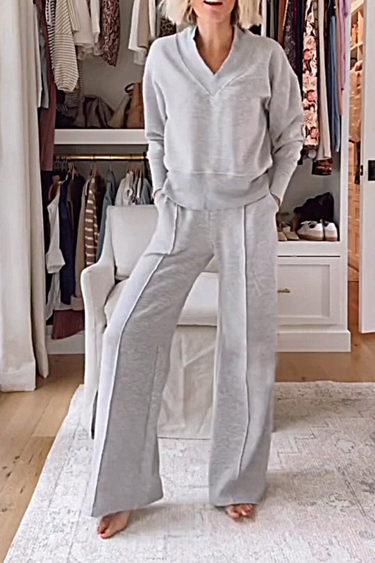 ⏰Beperkte Hot Sales - 49% KORTING💥Effen V-hals top en broek, tweedelige set voor dames