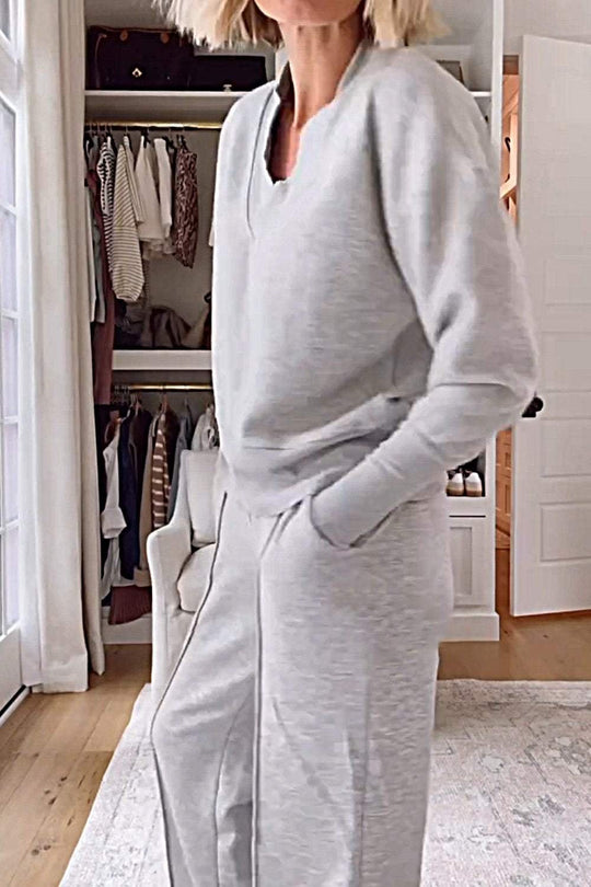 ⏰Beperkte Hot Sales - 49% KORTING💥Effen V-hals top en broek, tweedelige set voor dames