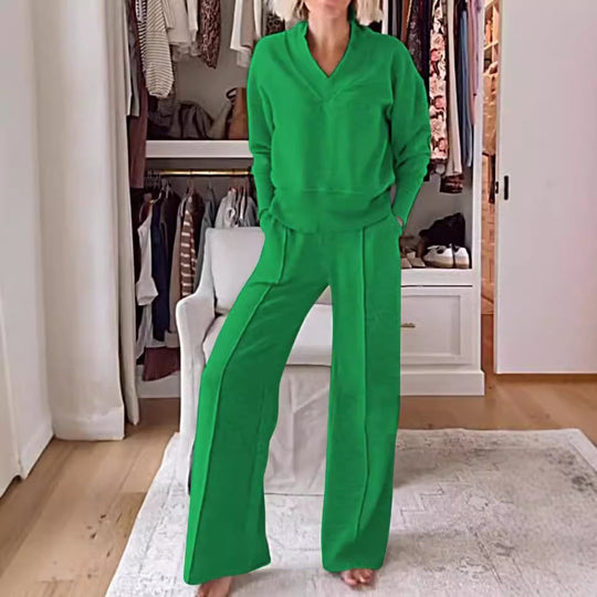 ⏰Beperkte Hot Sales - 49% KORTING💥Effen V-hals top en broek, tweedelige set voor dames