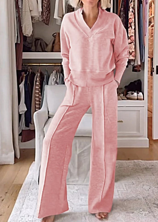 ⏰Beperkte Hot Sales - 49% KORTING💥Effen V-hals top en broek, tweedelige set voor dames