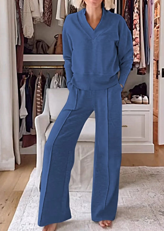 ⏰Beperkte Hot Sales - 49% KORTING💥Effen V-hals top en broek, tweedelige set voor dames