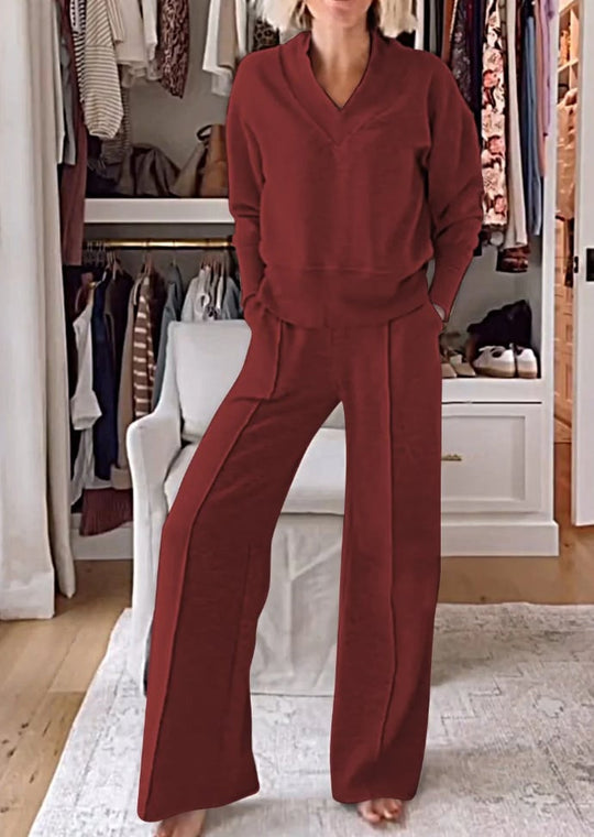 ⏰Beperkte Hot Sales - 49% KORTING💥Effen V-hals top en broek, tweedelige set voor dames