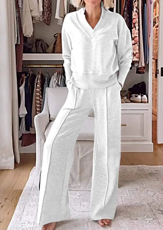 ⏰Beperkte Hot Sales - 49% KORTING💥Effen V-hals top en broek, tweedelige set voor dames