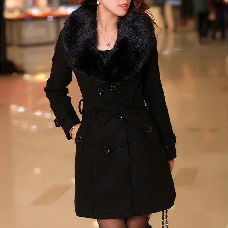 Women's casual double-breasted wool coat with plush collar