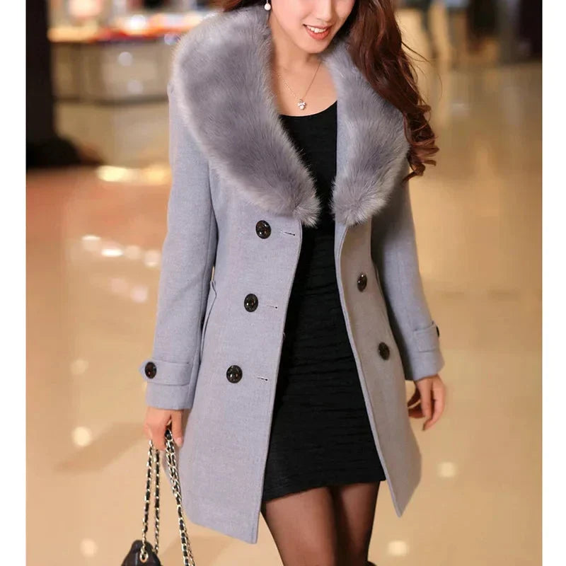 Women's casual double-breasted wool coat with plush collar