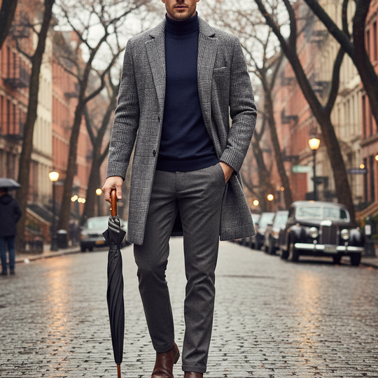 Moški topel trenčkot s karirastim reverjem