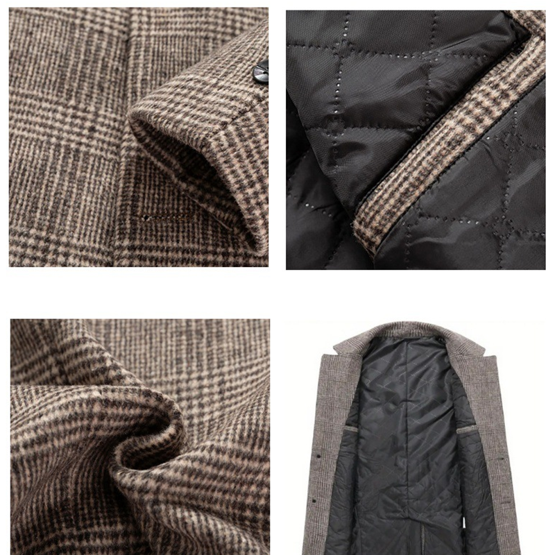 Moški topel trenčkot s karirastim reverjem