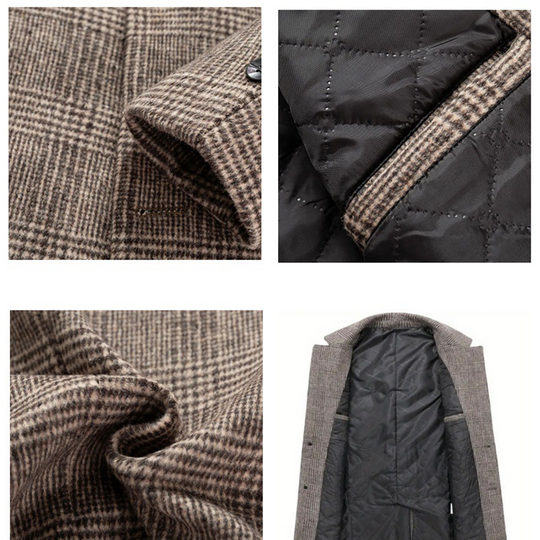 Moški topel trenčkot s karirastim reverjem