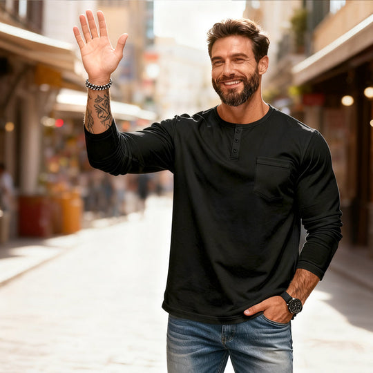 😎Νέα Άφιξη🔥Ανδρικό T-shirt Henley με μακριά μανίκια, στενή γραμμή