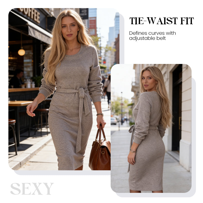 Women's Elegant Tie-Waist Knit Midi Dress