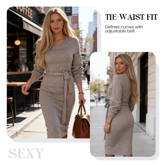 Women's Elegant Tie-Waist Knit Midi Dress